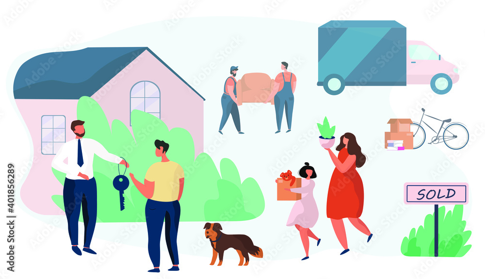 Family Buy House.House For Sale.Realtor Gives Keys to Family.Property Selling.Buying Real Estate Apartments.Moving Home.Moving truck on Background.Relocation Process.Flat Vector Illustration Family Buy House.House For Sale.Realtor Gives Keys to Family.Property Selling.Buying Real Estate Apartments.Moving Home.Moving truck on Background.Relocation Process.Flat Vector Illustration