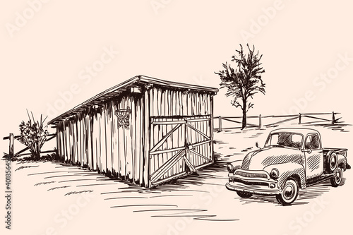 Rural landscape with a farm wagon next to an old barn with a closed gate. Hand sketch on a beige background.