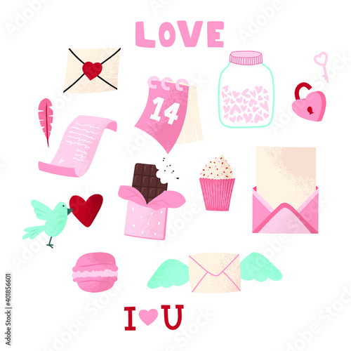 Vector cute objects and elements for Valentine's Day cards: heart, sweets, coffee, cake, key, candy, letter, diamond, rose, lollipop, ice cream cart