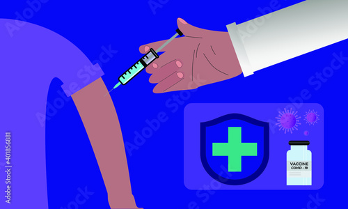 Doctor's hand injecting covid-19 vaccine in patient arm.Coronavirus vaccination concept background.Medical healthcare banner web template poster.
