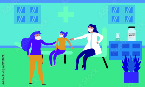  Female doctor pediatrician making vaccination to a child patient in hospital .Coronavirus vaccine and vaccination against covid-19 concept background.Medical healthcare banner template.