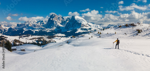 Canvas-taulu skier on the top of mountain looking at view Alpe di Siusi  Seiseralm Italian do