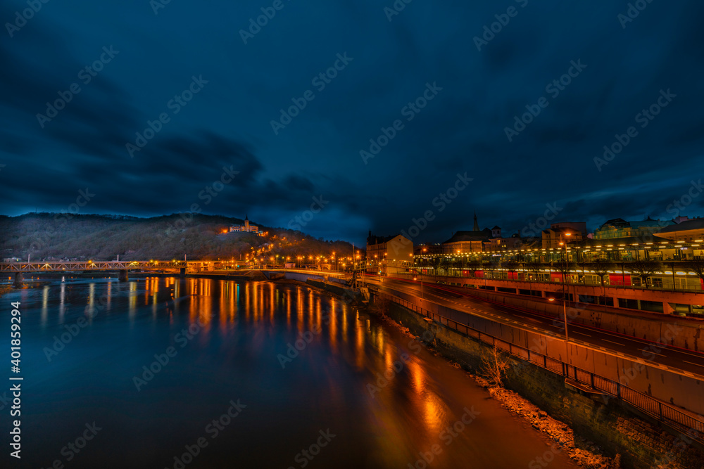 Night with orange lights in valley of river Labe near Usti nad Labem