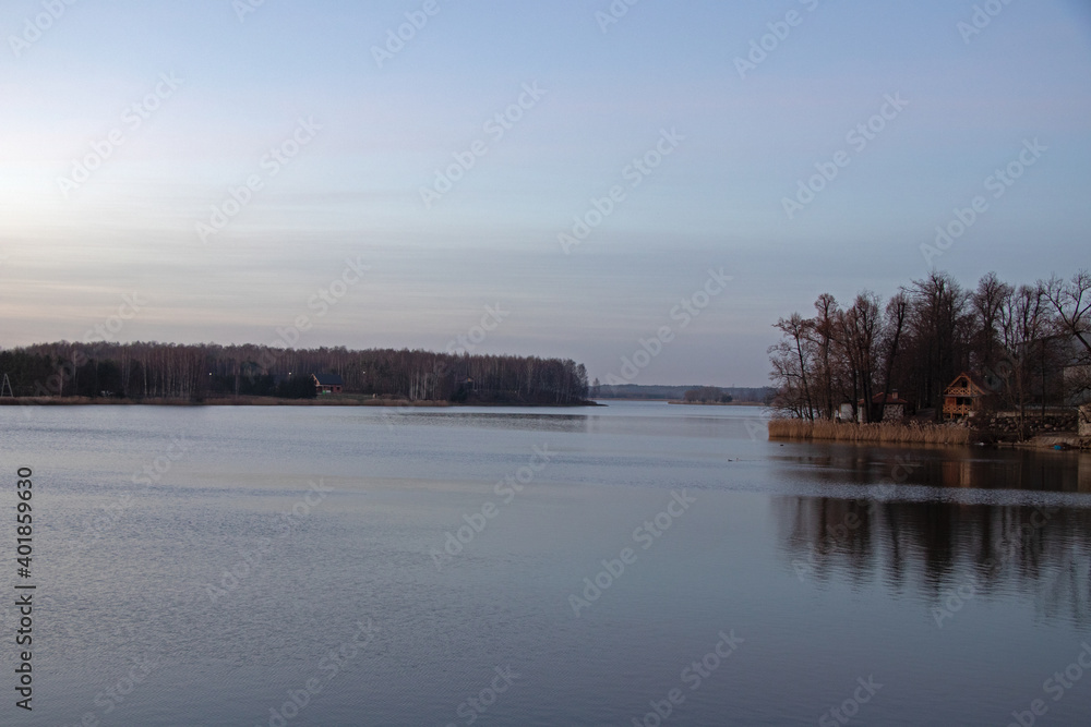 lake in winter on sunset, landscape with lake  