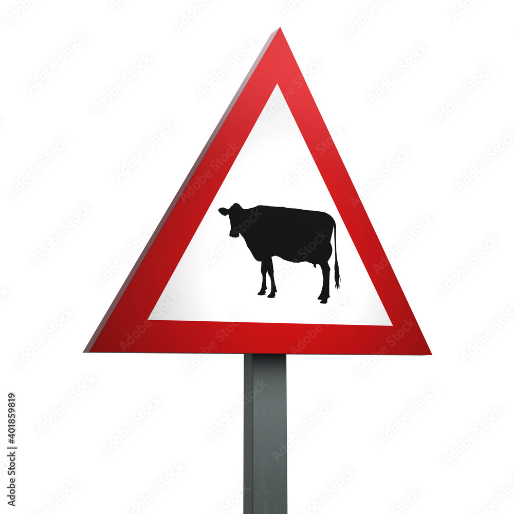 3D Render Road Sign of Cattle Isolated on a White Background 3D Render Road Sign of Cattle Isolated on a White Background