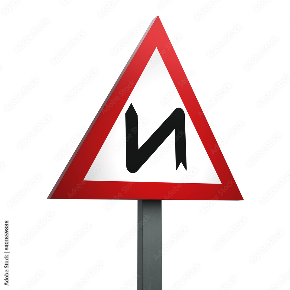 3D Render Road Sign of Double bend first to left Isolated on a White Background 3D Render Road Sign of Double bend first to left Isolated on a White Background