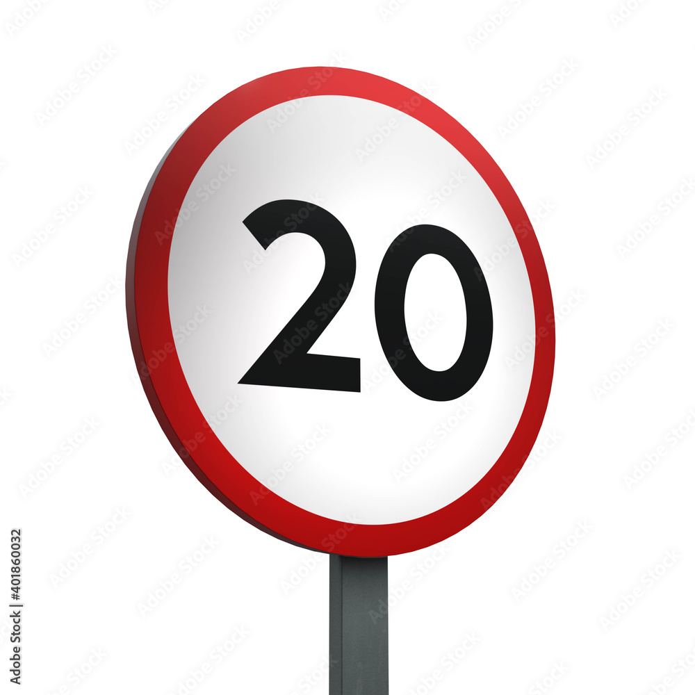 3D Render Road Sign indicating a speed limit of 20 Isolated on a White Background 3D Render Road Sign indicating a speed limit of 20 Isolated on a White Background