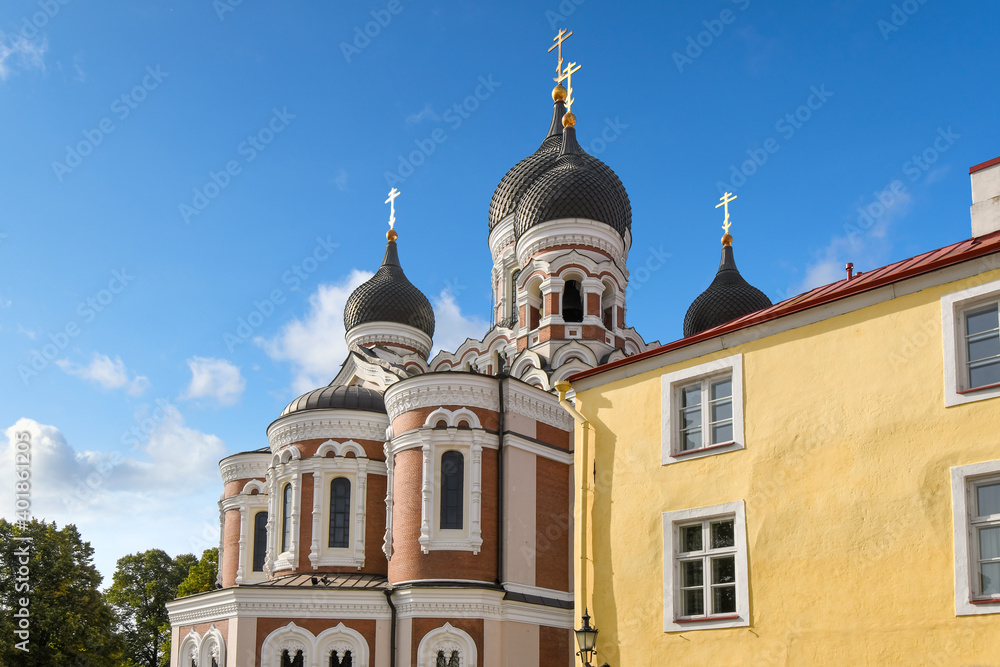 The facade and onion domes on the Alexander Nevsky Russian Orthodox Cathedral on Toompea Hill, the upper old town area of Tallinn Estonia.