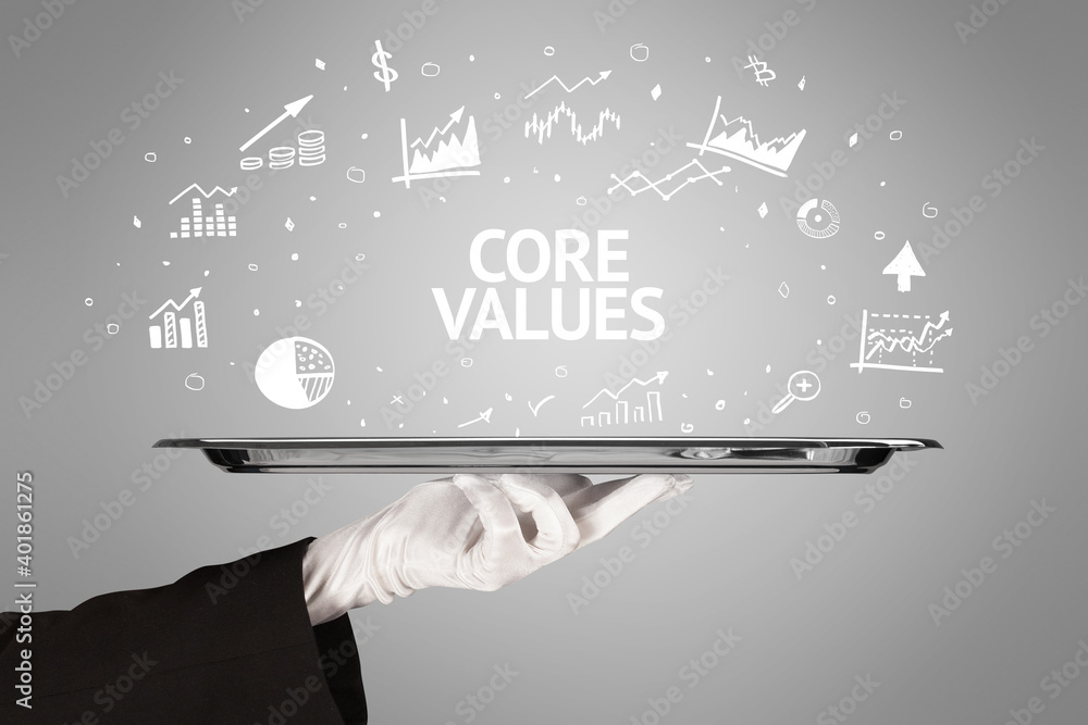 Waiter serving business idea concept with CORE VALUES inscription Waiter serving business idea concept with CORE VALUES inscription