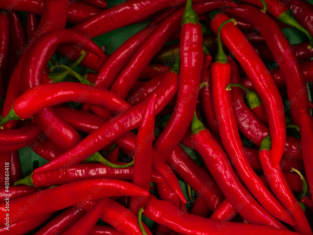 red peppers in the supermarket, on the counter
