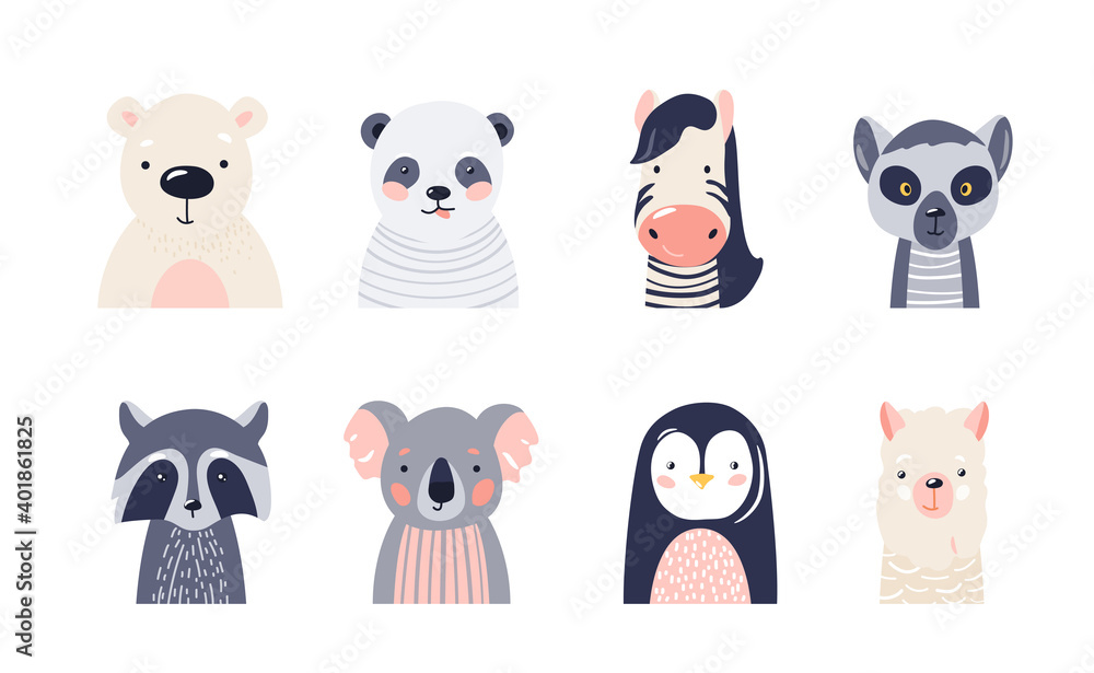 Fototapeta premium Cute animal baby faces set vector illustration. Hand drawn nursery characters collection with polar bear, panda, zebra, raccoon, lemur, koala, penguin, lama. Nordic scandinavian funny kid design