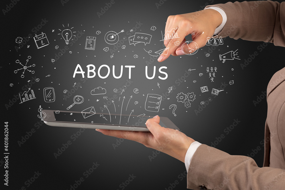 Close-up of a touchscreen with ABOUT US inscription, social media concept Close-up of a touchscreen with ABOUT US inscription, social media concept