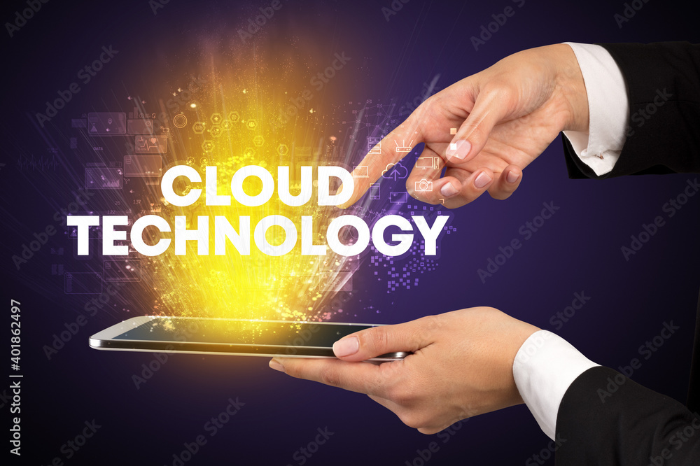 Close-up of a touchscreen with CLOUD TECHNOLOGY inscription, innovative technology concept Close-up of a touchscreen with CLOUD TECHNOLOGY inscription, innovative technology concept