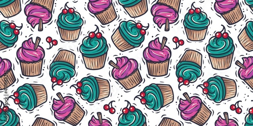 Seamless pattern wallpaper cupcake illustration, colored cream cake muffin birthday dessert