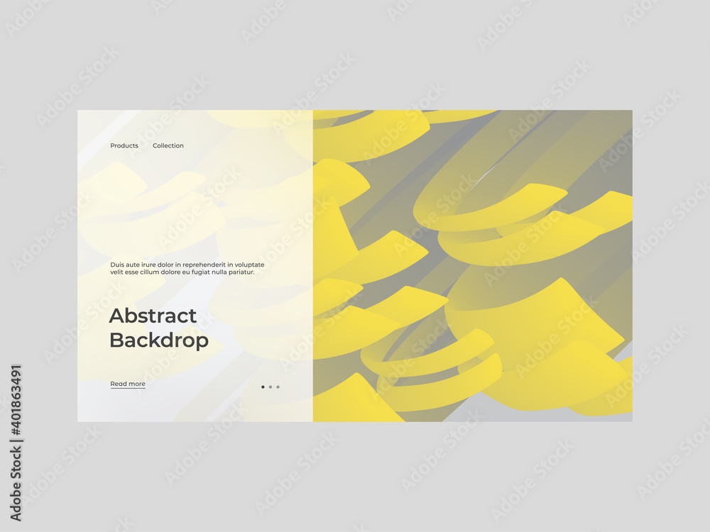 Homepage design with abstract illustration. Dynamic composition with trendy liquid fluid 3d shapes. Yellow and gray palette of 2021. Minimal backdrop, background. Eps10 vector illustration. Homepage design with abstract illustration. Dynamic composition with trendy liquid fluid 3d shapes. Yellow and gray palette of 2021. Minimal backdrop, background. Eps10 vector illustration.
