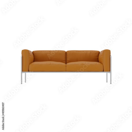 Modern style brown leather sofa with stainless legs 3D rendering