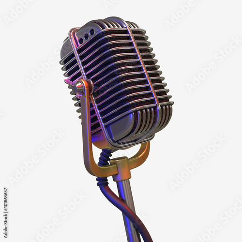 vintage microphone. The microphone has a classic design with a metal mesh and gold-plated details. It stands on a stand, and the cable winds around it.