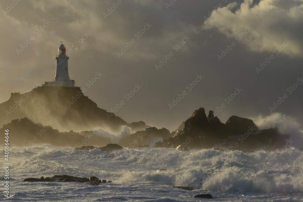 La Corbiere lighthouse, Jersey, U.K. Winter storm Bella.