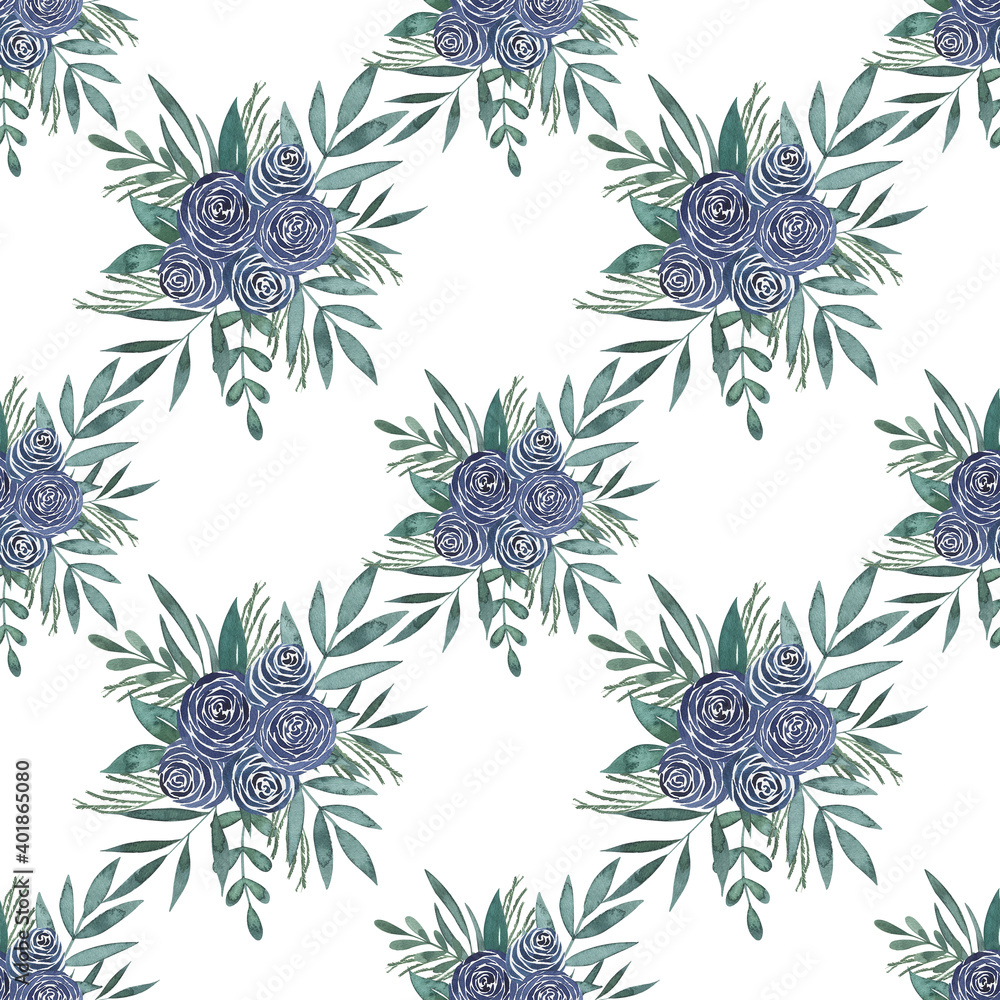 Watercolor seamless pattern with blue and purple rose bouquets. Hand drawn summer floral background perfect for wrapping paper, fabric prints, wedding invitation, greeting cards and other.