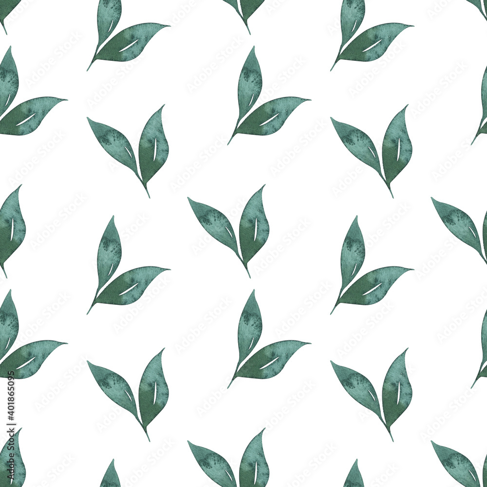 Watercolor seamless pattern with hand painted green leaves. Summer botanical background perfect for wrapping paper, wallpaper, fabric prints, wedding invitation and other.