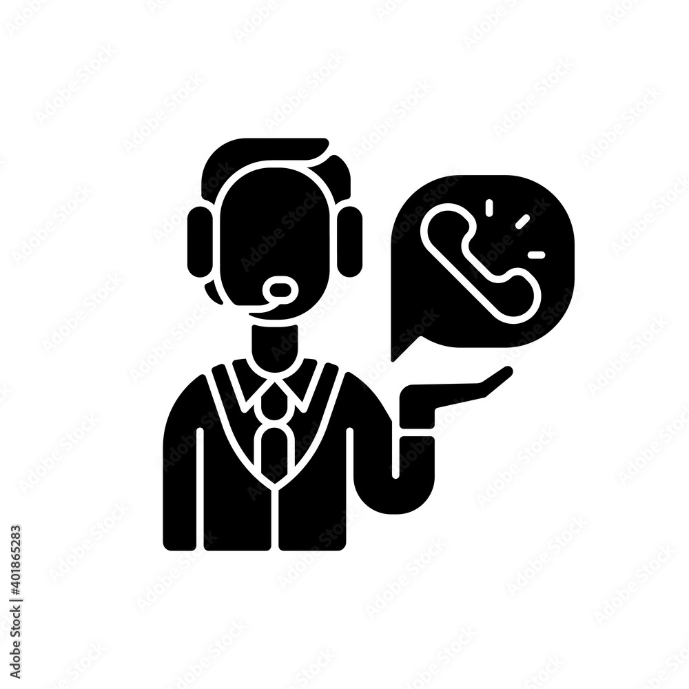 Telemarketing black glyph icon. Method of direct marketing in which salesperson proposes customers to buy products or services. Silhouette symbol on white space. Vector isolated illustration Telemarketing black glyph icon. Method of direct marketing in which salesperson proposes customers to buy products or services. Silhouette symbol on white space. Vector isolated illustration