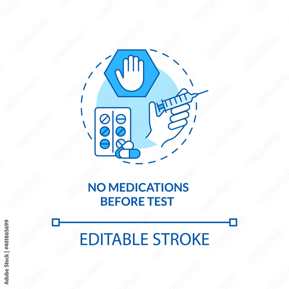 No medications before test concept icon. Blood test tip idea thin line