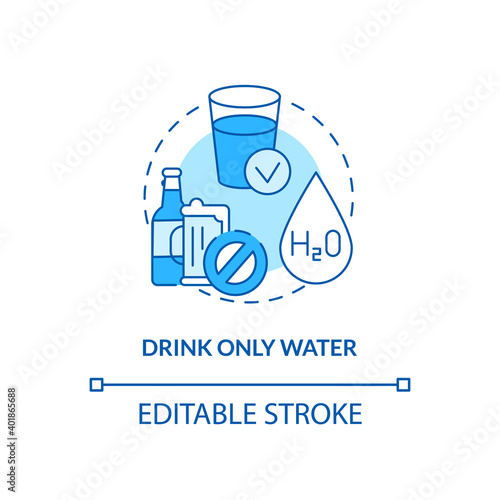 Drinking only water concept icon. Blood test tip idea thin line illustration. Dietary option. Fasting. High-calorie drinks avoidance. Vector isolated outline RGB color drawing. Editable stroke