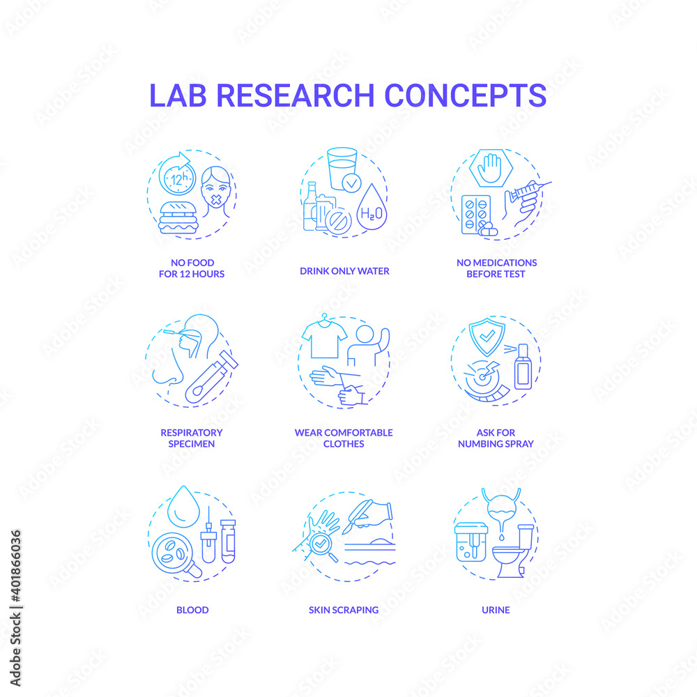 Lab research concept icons set. Health diagnostics idea thin line RGB color illustrations. No food for 12 hours. Wearing comfortable clothes. Numbing spray. Vector isolated outline drawings