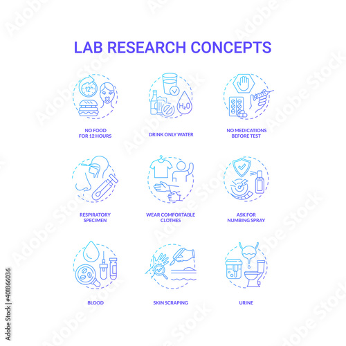 Lab research concept icons set. Health diagnostics idea thin line RGB color illustrations. No food for 12 hours. Wearing comfortable clothes. Numbing spray. Vector isolated outline drawings