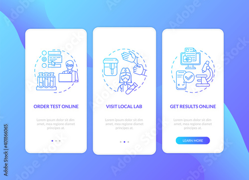 Lab test ordering steps onboarding mobile app page screen with concepts. Local lab, results walkthrough 3 steps graphic instructions. UI vector template with RGB color illustrations