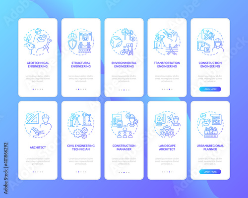 Engineering expertise types dark blue onboarding mobile app page screen with concept set. Technician walkthrough 5 steps graphic instructions. UI vector template with RGB color illustrations
