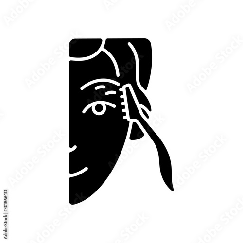 Eyebrow razor black glyph icon. Shaving brows. Removing fine eyebrow, neck and face hairs. Small beauty tool. Reducing unnecessary hairs. Silhouette symbol on white space. Vector isolated illustration