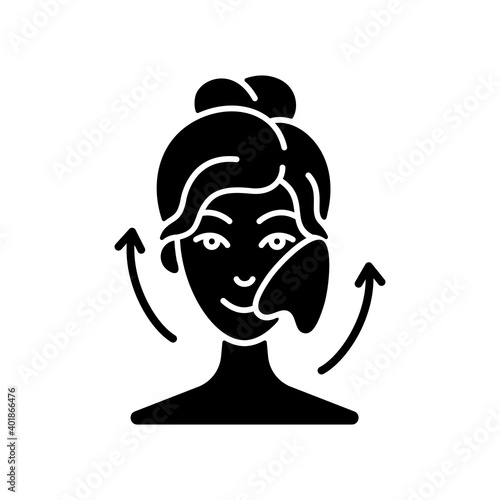 Gua sha stone black glyph icon. Removing puffiness under eyes. Angled stone. Scraping skin on face. Promoting blood flow. Chinese tool. Silhouette symbol on white space. Vector isolated illustration