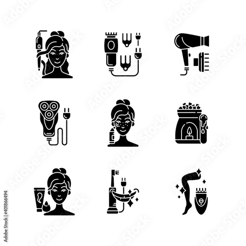 Skincare routine black glyph icons set on white space. Hairstyling appliance. Electric hair clippers. Blackhead remover. Shaver. Makeup sponge. Silhouette symbols. Vector isolated illustration