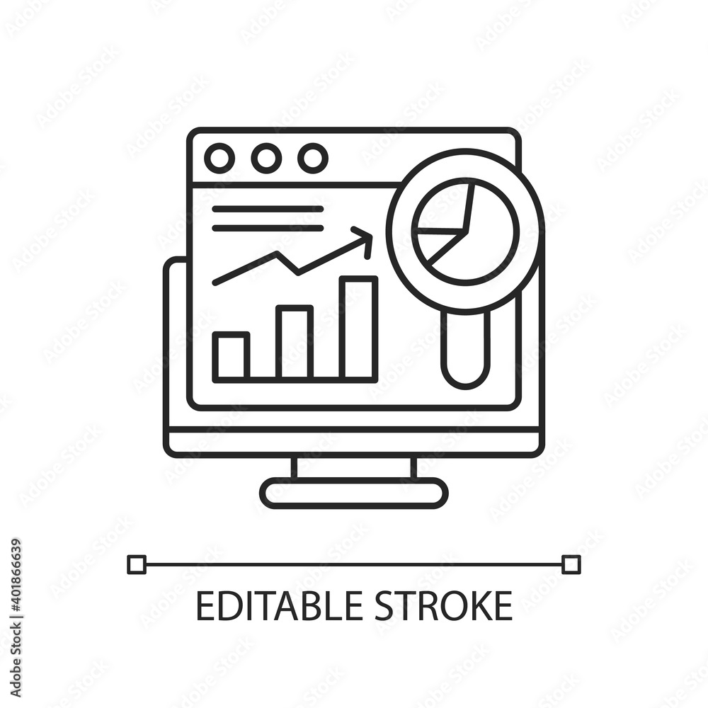 Web analytics linear icon. Online search engine optimization. Site data. User experience review. Thin line customizable illustration. Contour symbol. Vector isolated outline drawing. Editable stroke Web analytics linear icon. Online search engine optimization. Site data. User experience review. Thin line customizable illustration. Contour symbol. Vector isolated outline drawing. Editable stroke