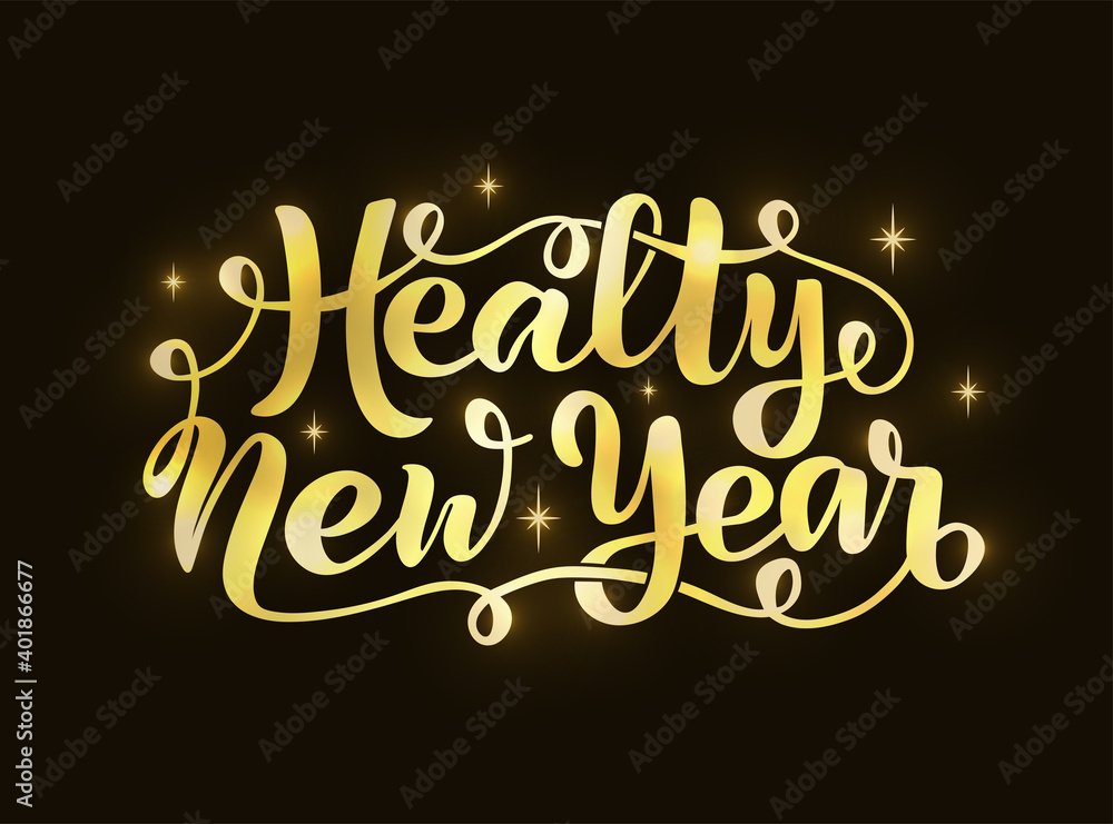 Gold healthy new year vector illustration for card, ad, logo, background, invitation, poster, banner. Happy new year hand drawn typography template. Holiday calligraphy print. 2023 sparkling lettering
