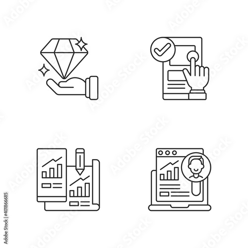 Website user experience. linear icons set. Site usability. Valuable product. Prototyping and modeling. Customizable thin line contour symbols. Isolated vector outline illustrations. Editable stroke