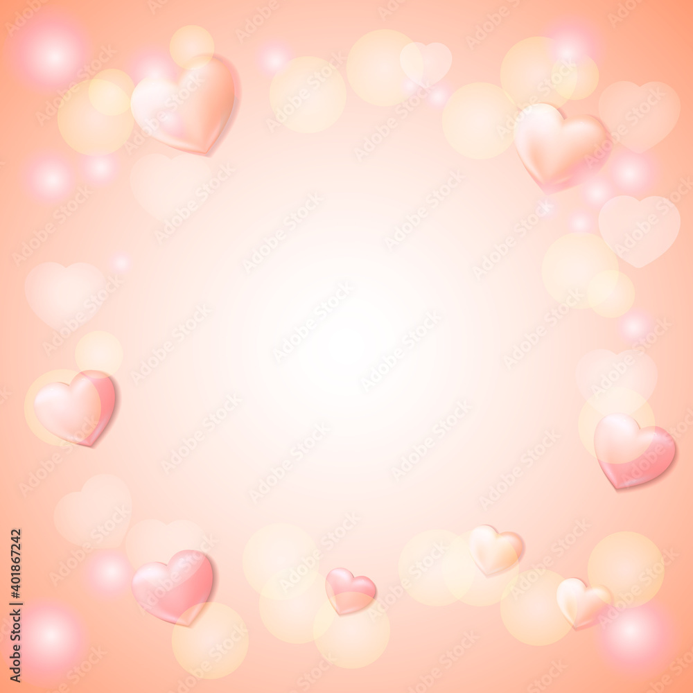 Valentines Day square background. Romantic design with realistic hearts.