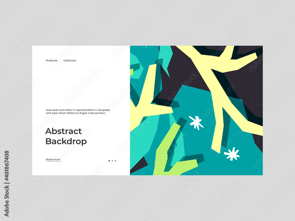 Homepage design with abstract illustration. Colorful geometric shapes composition. Decorative wallpaper, backdrop. Cosmic abstractionism. Eps10 vector.