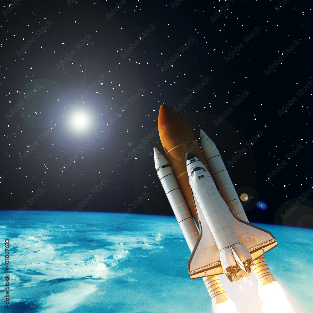 Naklejka premium Rocket above the earth. Stars. Space concept. The elements of this image furnished by NASA.
