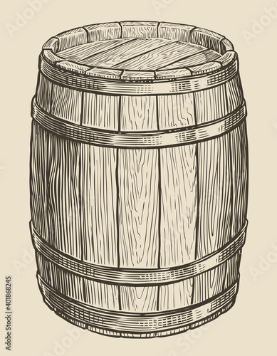 One wooden barrel for wine and other alcohol. Sketch vintage vector illustration