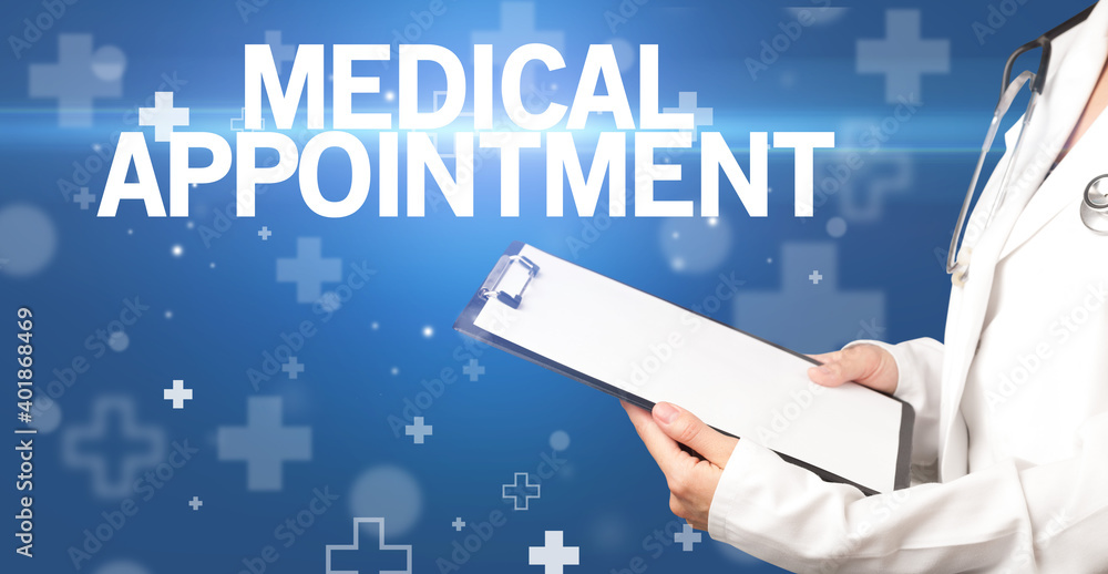 doctor writes notes on the clipboard with MEDICAL APPOINTMENT inscription, first aid concept doctor writes notes on the clipboard with MEDICAL APPOINTMENT inscription, first aid concept