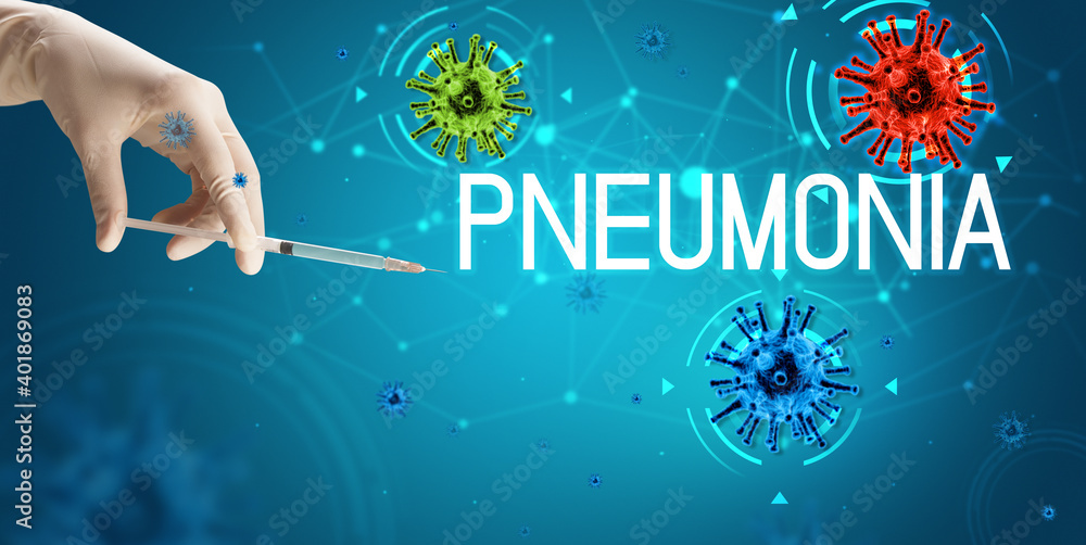 Syringe, medical injection in hand with PNEUMONIA inscription, coronavirus vaccine concept