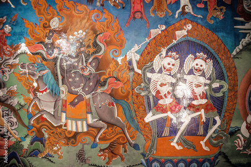 Obraz na plátně Buddhist temple, Buddhist stupa, Buddhist frescoes and icons, painting on the wa