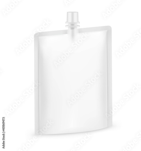 Food pouch bag with safety cap isolated on white background. Vector illustration. Perspective view. Can be use for template your design, presentation, promo, ad. EPS10.	