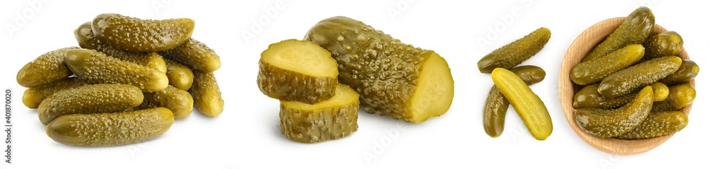 Marinated pickled cucumber isolated on white background with full depth of field. Set or collection Marinated pickled cucumber isolated on white background with full depth of field. Set or collection