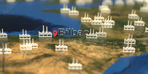 Factory icons near Bilbao city on the map, industrial production related 3D rendering