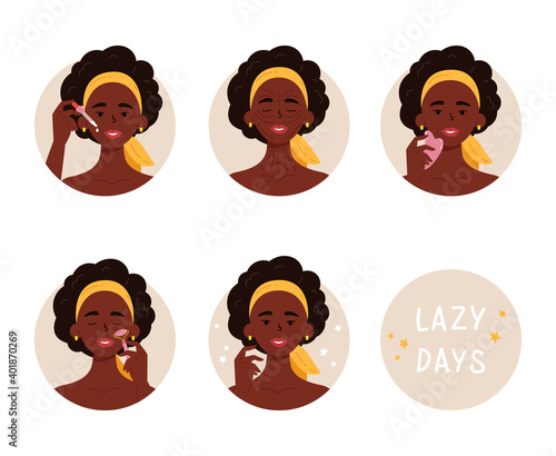 African American woman with bottle of face oil, facial gua sha stone and roller. Instructions for facial massage with massage lines. Anti-aging skin care method step by step. Vector illustration. 