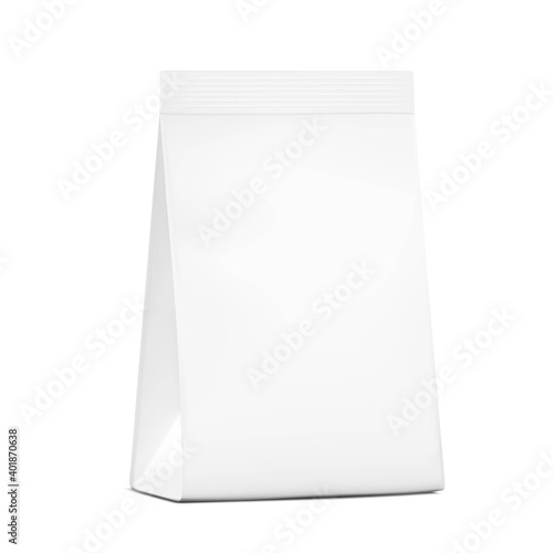 Seal bag with narrow top mockup. Perspective view. Vector illustration isolated on white background. Best solution for presentation your brand, design, promo and etc. EPS10.	