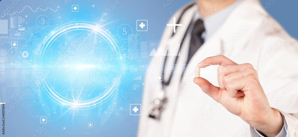 Close-up of a doctor giving you a pill with abbreviation, virology concept Close-up of a doctor giving you a pill with abbreviation, virology concept
